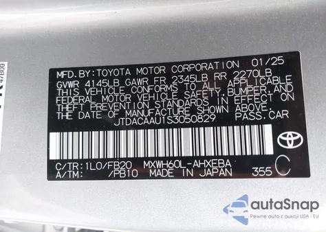 2025 Toyota Prius Le from USA, damaged, VIN JTDACAAU1S3050829